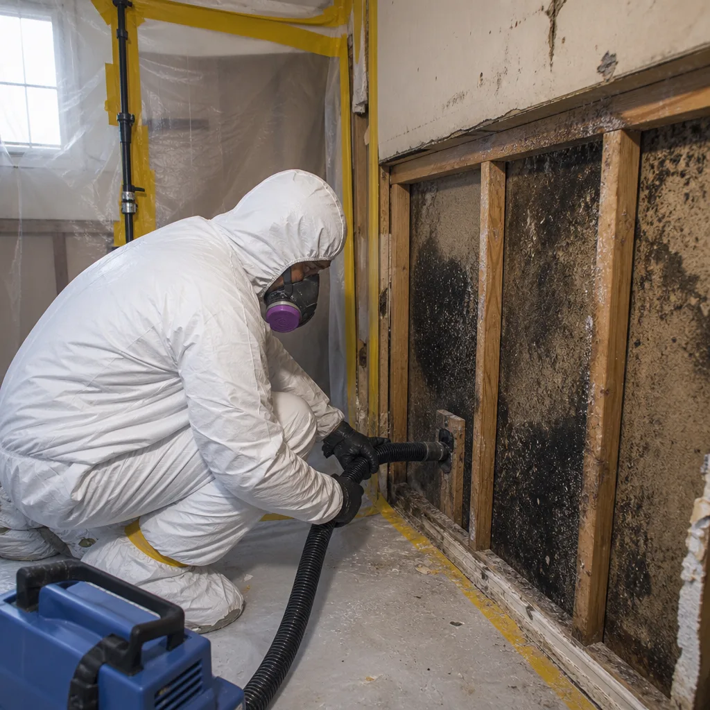 Technician in protective gear treating mold inside a contained work area